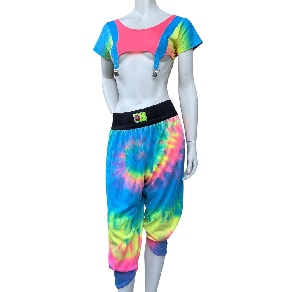 Vintage Neon Tie Dye 2Pc Set Suspender Crop Top Harem Pants Dopamine Dressing M - Picture 2 of 16